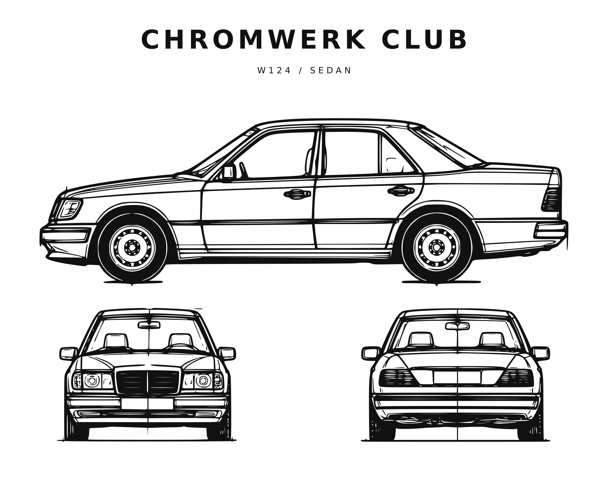 W124-Motiv mit Seiten-, Front- und Heckansicht